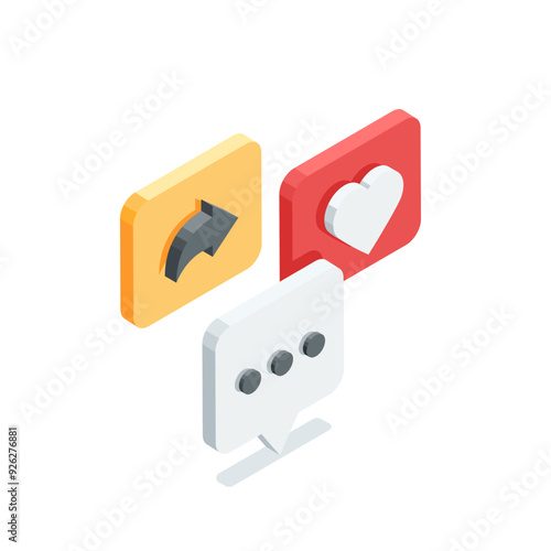 isometric vector icons of comment and link and like, in color on white background, leave like and comment on social networks
