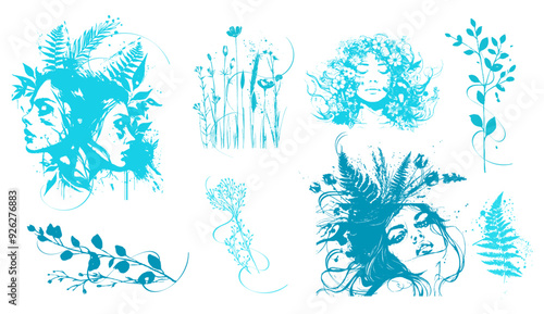 Detailed trendy design for natural products, wall art, social media, prints, invitations and branding design. Vector set of line drawings of decorated women's heads with flowers, plants and leaves.
