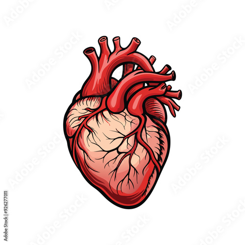 A detailed and realistic vector illustration of a human heart with arteries and veins.