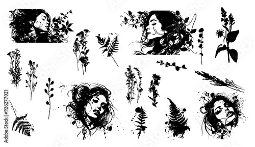 Detailed trendy design for natural products, wall art, social media, prints, invitations and branding design. Vector set of line drawings of decorated women's heads with flowers, plants and leaves.