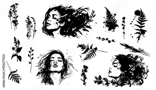 Detailed trendy design for natural products, wall art, social media, prints, invitations and branding design. Vector set of line drawings of decorated women's heads with flowers, plants and leaves.
