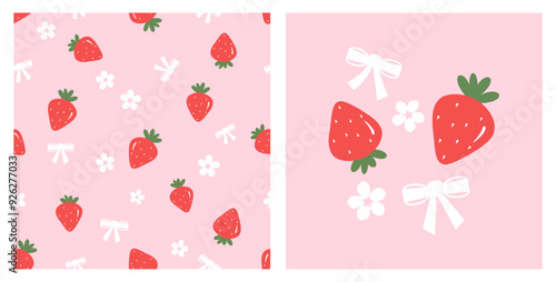Seamless pattern with strawberry, white flower and red ribbon bow on pink background. Strawberry, flower and red ribbon bow icon set vector.
