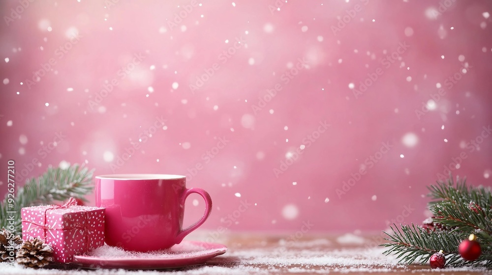 Festive Christmas Background with Fir Branches, Lights, and Confetti on Pink. Copy Space for Holiday Greetings and Designs. Festive Christmas Background with Fir Branches, Lights, and Confetti on Pink. Copy Space for Holiday Greetings and Designs.