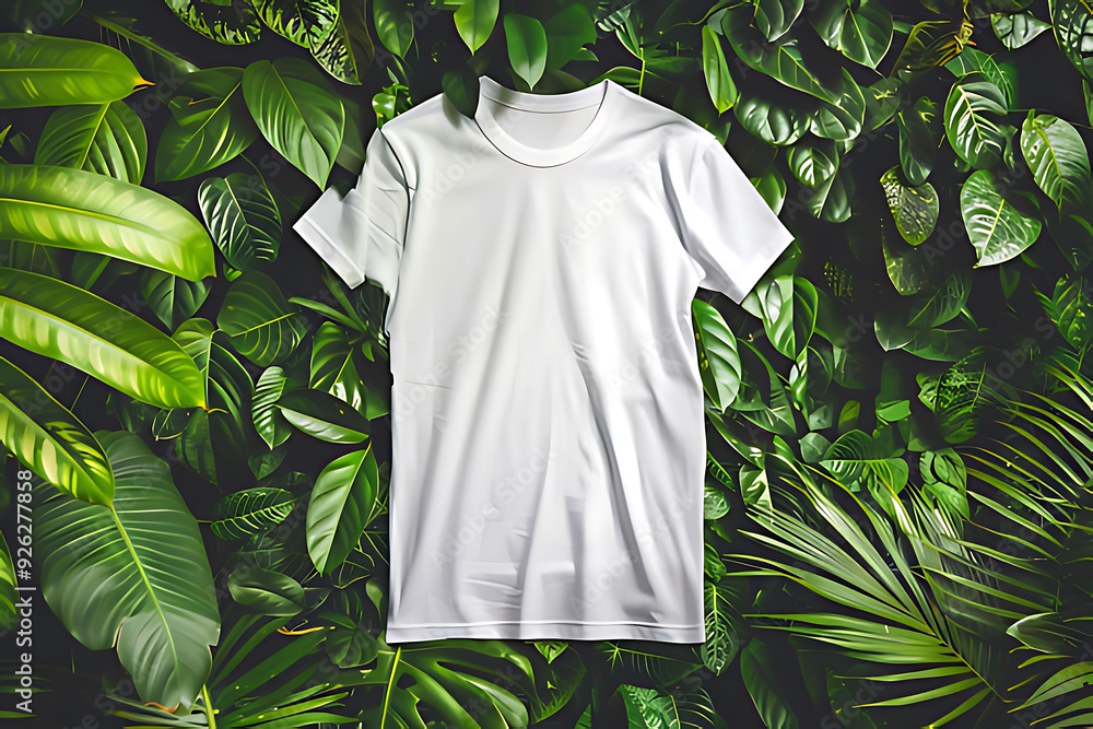 Classic white t-shirt mock up on a green leaves background, Classic white t-shirt mock up on a green leaves background,