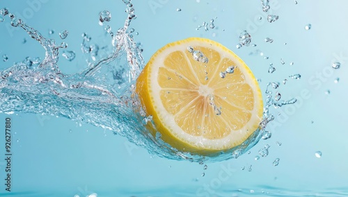 Lemon slice splashing in blue water.