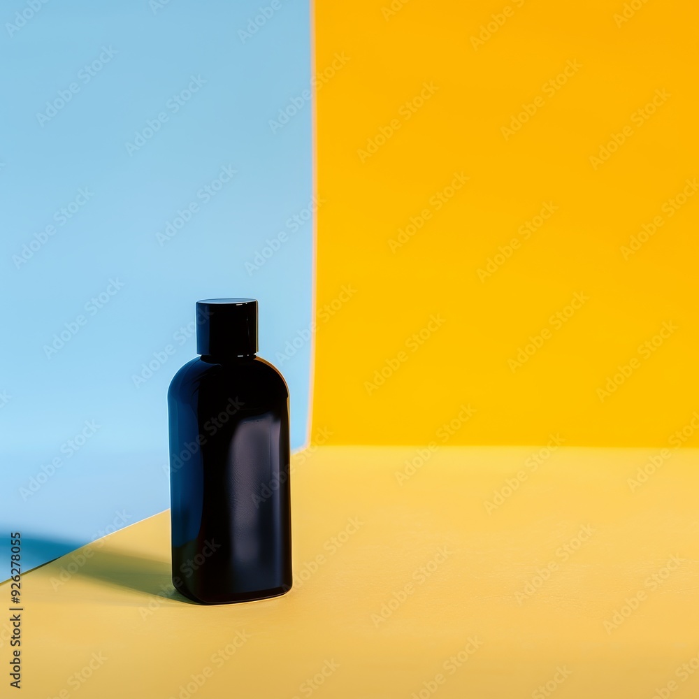 Sleek black bottle standing against a vibrant backdrop of blue and yellow, combining modern minimalism with bold contrasts. Sleek black bottle standing against a vibrant backdrop of blue and yellow, combining modern minimalism with bold contrasts.
