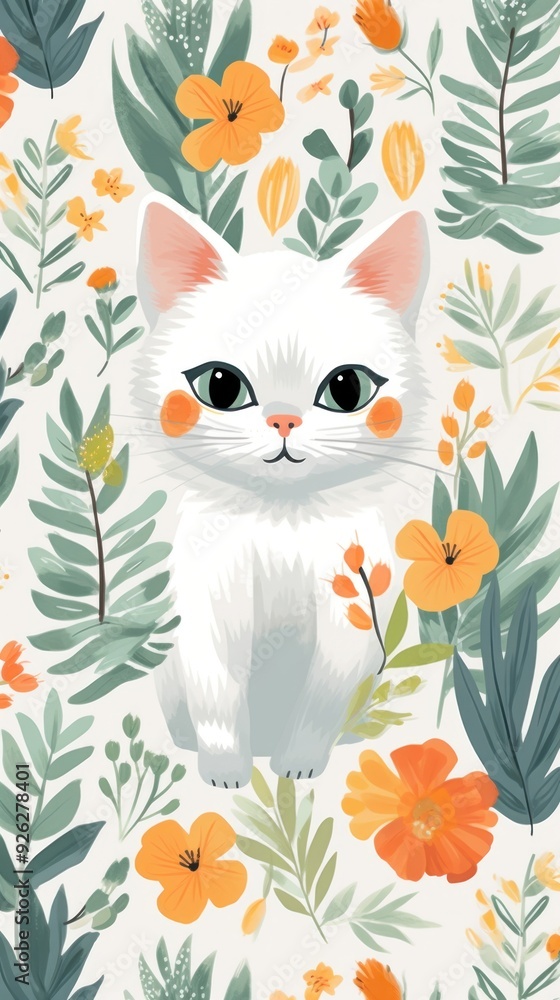 Fototapeta premium Cat and flower pattern cartoon animal.