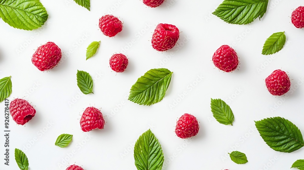 Delicious Ripe Raspberries and Fresh Green Leaves on White Background Delicious Ripe Raspberries and Fresh Green Leaves on White Background