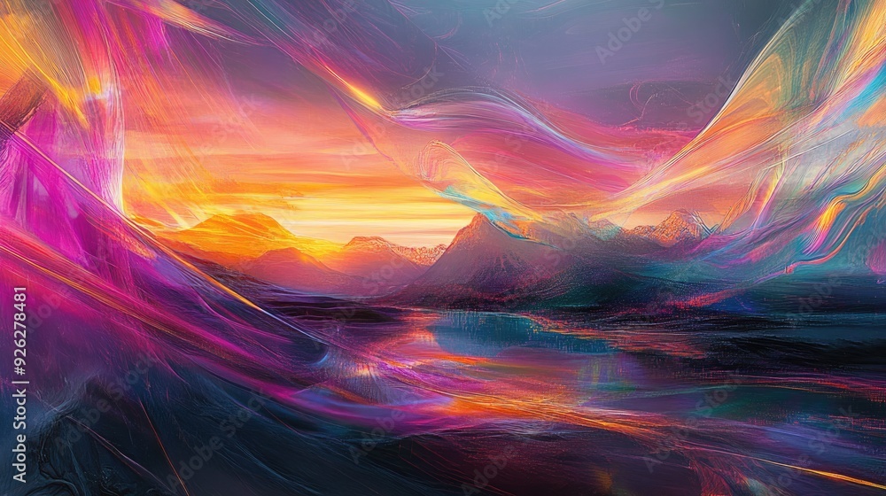 A mesmerizing abstract artwork reflecting hope, with glowing lines and harmonious colors over a paradise-inspired landscape A mesmerizing abstract artwork reflecting hope, with glowing lines and harmonious colors over a paradise-inspired landscape