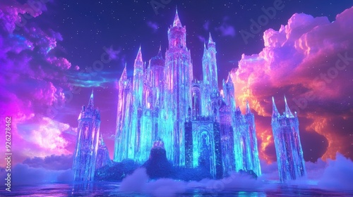 A magnificent neon ice castle bathed in colorful lights, standing tall in a heavenly paradise filled with radiant clouds and a glowing sky