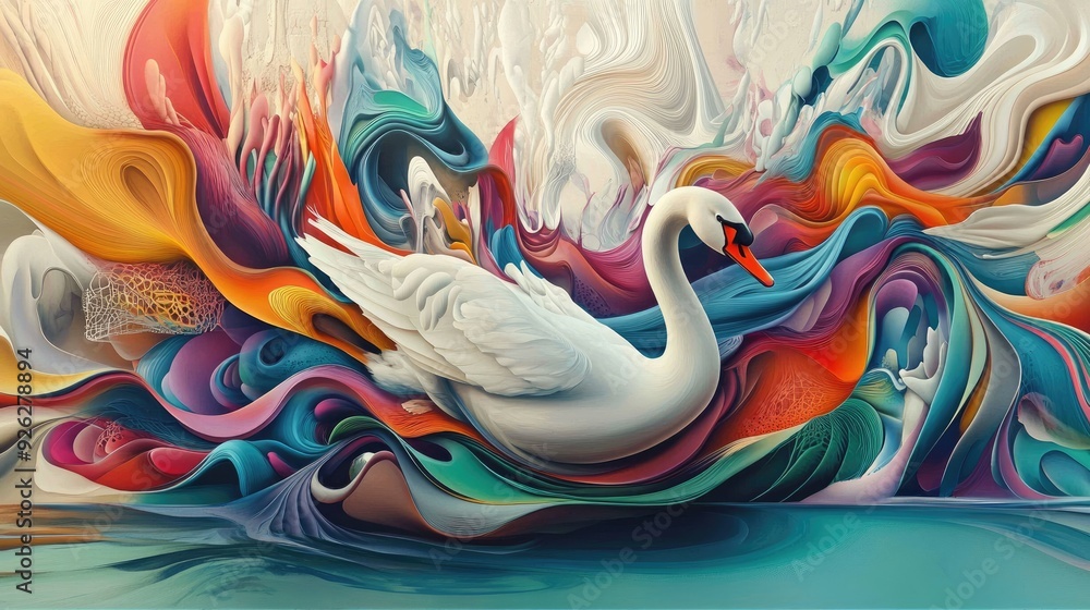 A surreal 3D mural showcasing a majestic swan amidst swirling vibrant hues and dynamic abstract forms in an ethereal dreamscape A surreal 3D mural showcasing a majestic swan amidst swirling vibrant hues and dynamic abstract forms in an ethereal dreamscape