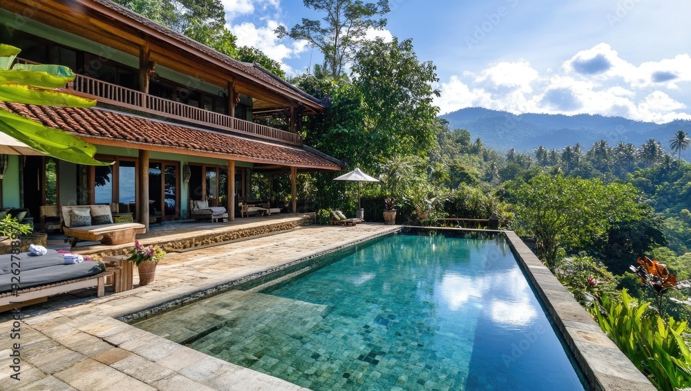 Obraz premium Tropical house with pool overlooking jungle valley.
