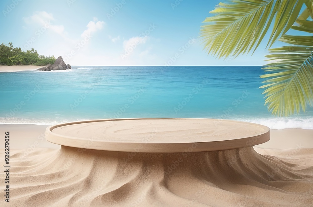 Smooth sand-textured podium with gentle ocean waves lapping at the base, set against a soft blue background, perfect for beach-themed or wellness products. Made with generative AI technology Smooth sand-textured podium with gentle ocean waves lapping at the base, set against a soft blue background, perfect for beach-themed or wellness products. Made with generative AI technology