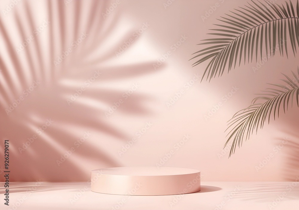 Minimal abstract pastel peach podium for product display stand with leaves background for presentation , mockup Minimal abstract pastel peach podium for product display stand with leaves background for presentation , mockup