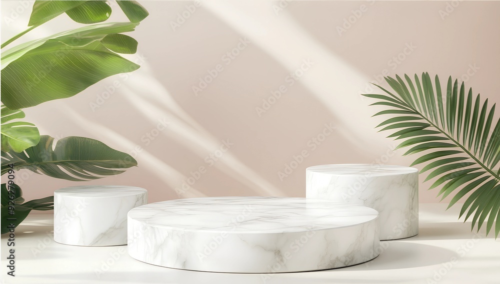 Minimal abstract pastel peach podium for product display stand with leaves background for presentation , mockup Minimal abstract pastel peach podium for product display stand with leaves background for presentation , mockup