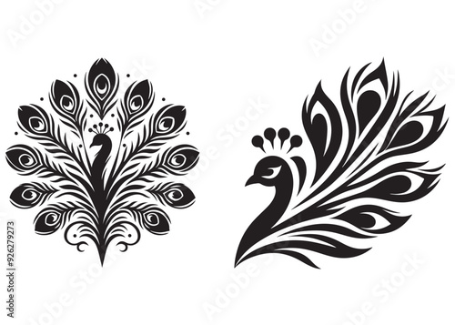 Vector silhouette of a Peacock feather logo design, Hand drawn Peacock feather set, Peacock feather logo design vector illustration, Peacock feather logo icon template vector illustration 