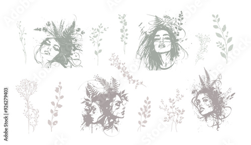 Detailed trendy design for natural products, wall art, social media, prints, invitations and branding design. Vector set of line drawings of decorated women's heads with flowers, plants and leaves.