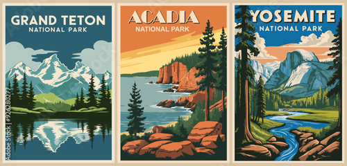 Set of Retro National Parks USA posters. Grand Teton, Acadia, Yosemite vintage digital prints. Trendy printable wall art with beautiful american landscapes. Vector colorful illustrations.