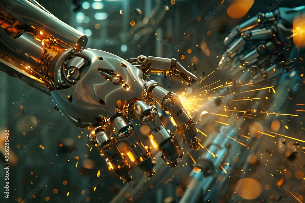 Naklejka premium Futuristic Robot Hand Punching Through Metal Wall with Sparks Flying