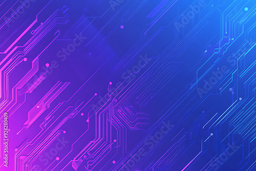 Futuristic vector illustration of an abstract circuit board with neon blue and purple gradients, showcasing intricate digital patterns and tech elements