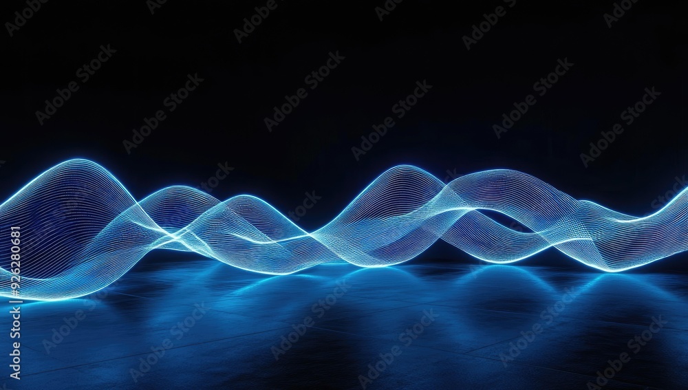 Fototapeta premium Abstract blue neon waves on floor.