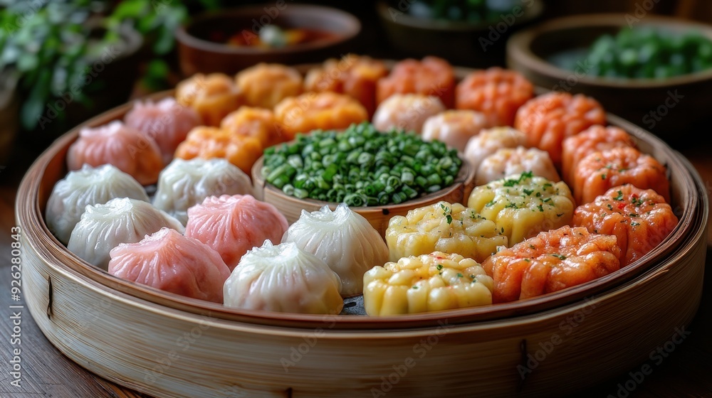Assortment of Chinese Steamed Dumplings in a Bamboo Steamer Assortment of Chinese Steamed Dumplings in a Bamboo Steamer