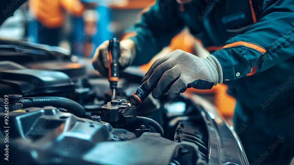 Auto mechanic fixing car at automobile repair shop, closeup. Generative AI illustration Auto mechanic fixing car at automobile repair shop, closeup. Generative AI illustration