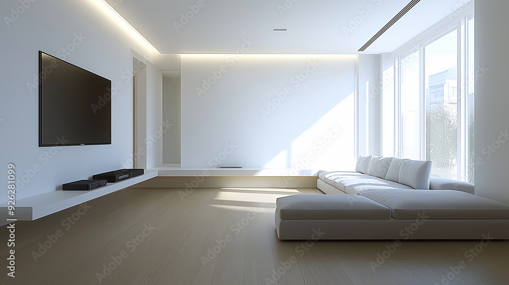a living room with a couch and a tv on the wall a living room with a couch and a tv on the wall