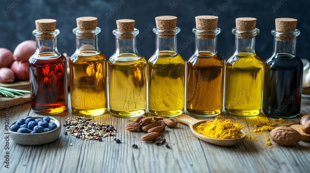 Variety of Cooking Oils in Glass Bottles on Display for Healthy and Flavorful Cooking Options Variety of Cooking Oils in Glass Bottles on Display for Healthy and Flavorful Cooking Options