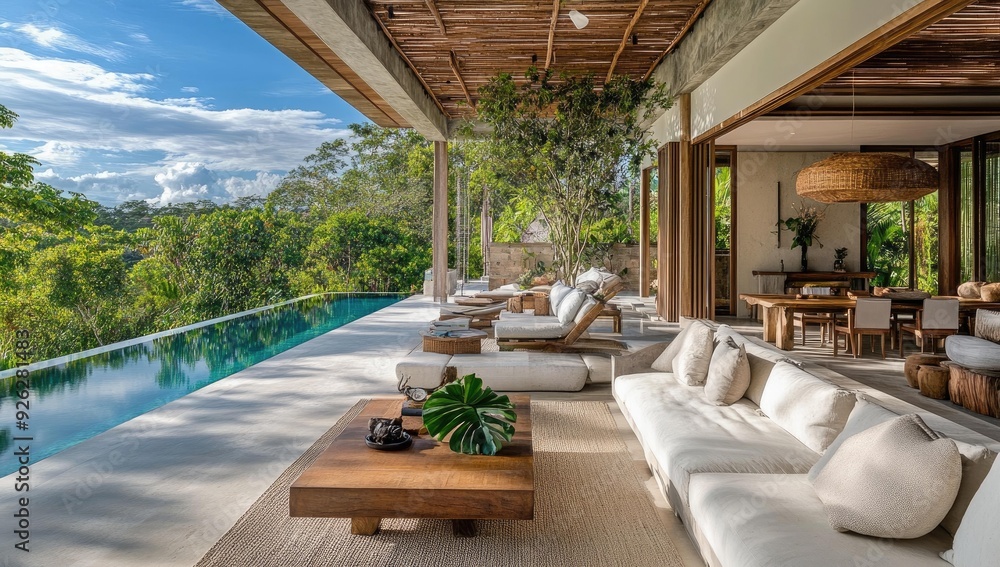 Fototapeta premium Modern patio with a pool, lounge chairs, and a large