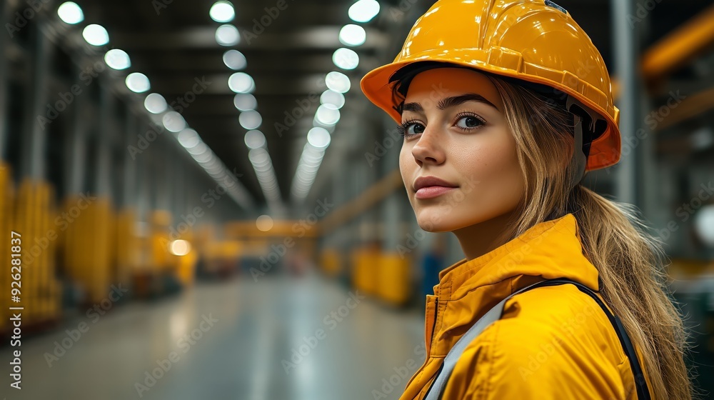 A factory worker stands ready on the production floor of an industrial plant, wearing safety gear including a yellow hard hat and high-visibility jacket A factory worker stands ready on the production floor of an industrial plant, wearing safety gear including a yellow hard hat and high-visibility jacket