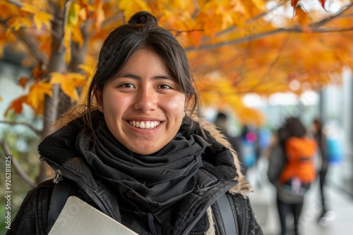 Latin american college student smiling on campus with a notebook, radiating cheerfulness