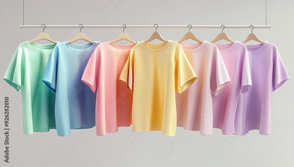Pastel colored shirts on hangers. Pastel colored shirts on hangers.