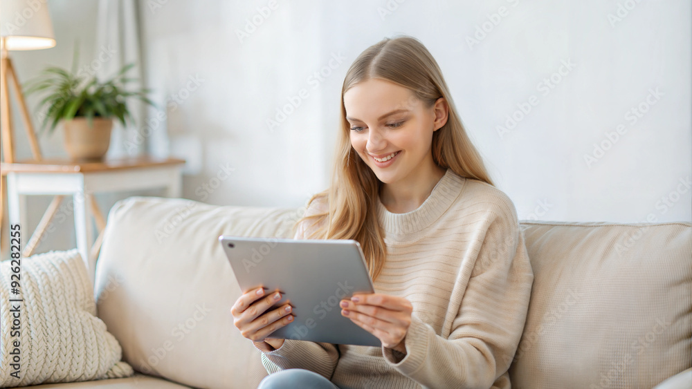 Photorealistic image of a student watching an online lecture on a tablet, sitting on a comfortable couch in a warm and cozy living room, soft lighting, casual and relaxed learning environment, focus o Photorealistic image of a student watching an online lecture on a tablet, sitting on a comfortable couch in a warm and cozy living room, soft lighting, casual and relaxed learning environment, focus o