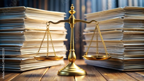 A golden scale of justice sits atop a stacked pile of official documents, symbolizing fairness and legitimacy in law and business transactions. 