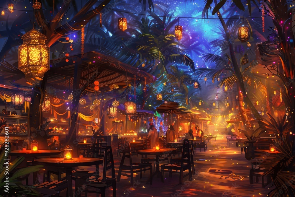 Vibrant Nighttime Desert Oasis Marketplace with Exotic Wares and Spirits Vibrant Nighttime Desert Oasis Marketplace with Exotic Wares and Spirits