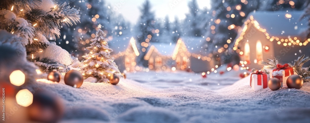 A serene winter landscape featuring decorated trees, cozy homes, and beautifully wrapped gifts amidst a blanket of snow. A serene winter landscape featuring decorated trees, cozy homes, and beautifully wrapped gifts amidst a blanket of snow.