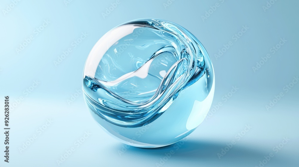 A blue glass sphere with a wave pattern on it A blue glass sphere with a wave pattern on it