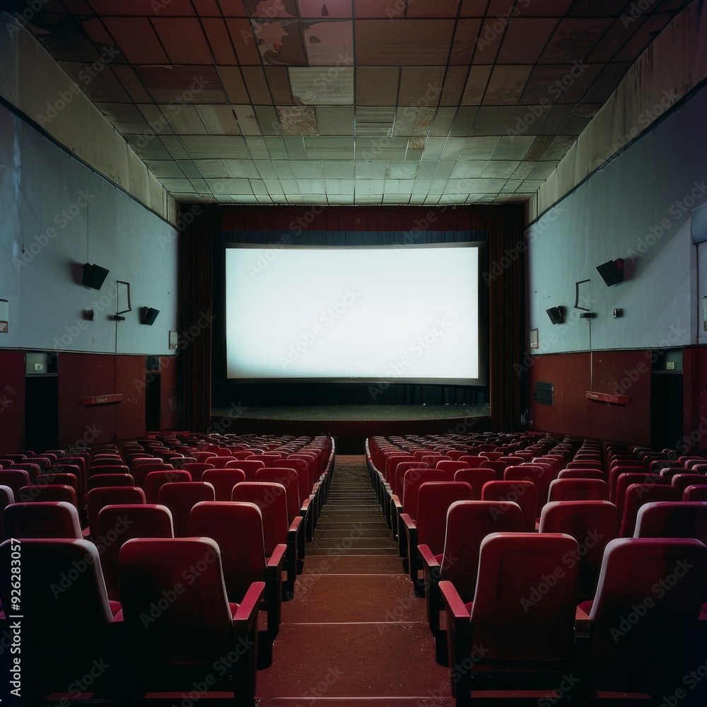 Fototapeta premium An empty, vintage cinema with red seats and a large white screen, awaiting the start of a movie. The nostalgic atmosphere invites viewers to take a seat.