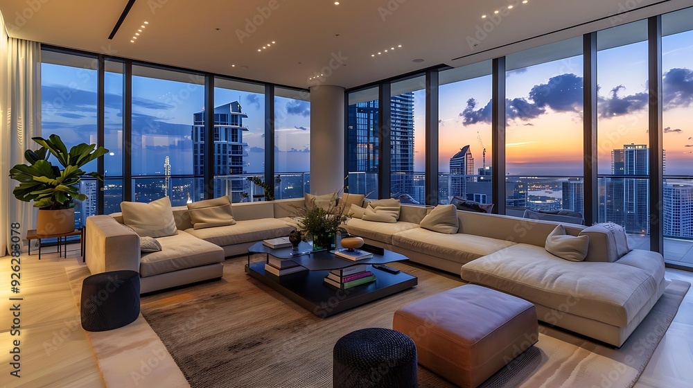 Naklejka premium Modern Sectional Sofa in Luxury living room Penthouse with City Views