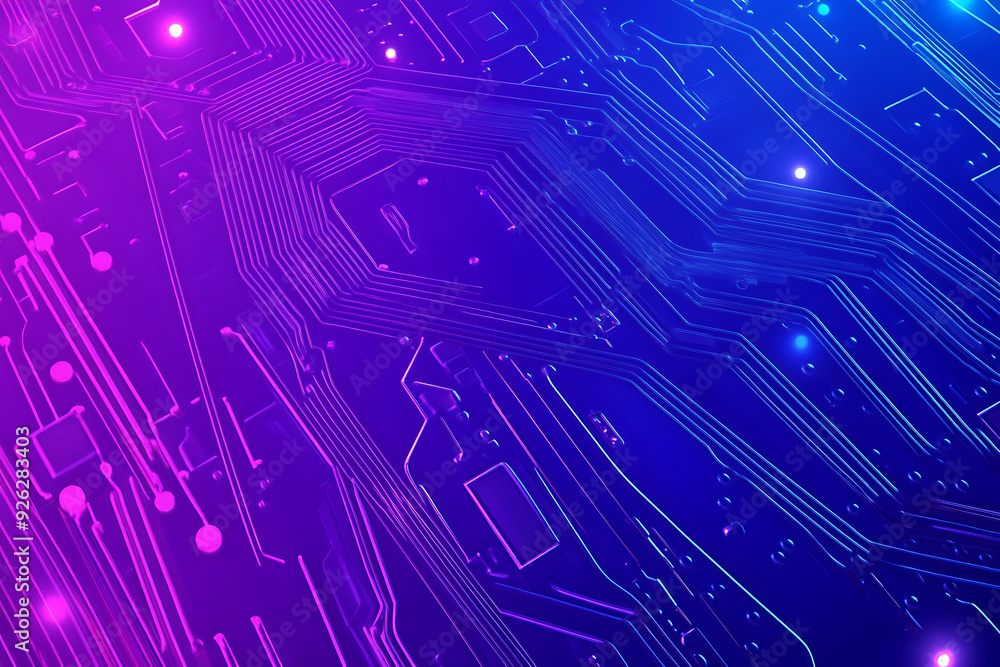 Futuristic vector illustration of an abstract circuit board with neon blue and purple gradients, showcasing intricate digital patterns and tech elements Futuristic vector illustration of an abstract circuit board with neon blue and purple gradients, showcasing intricate digital patterns and tech elements