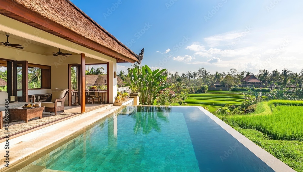 Fototapeta premium A luxurious villa with a pool overlooking rice paddies.