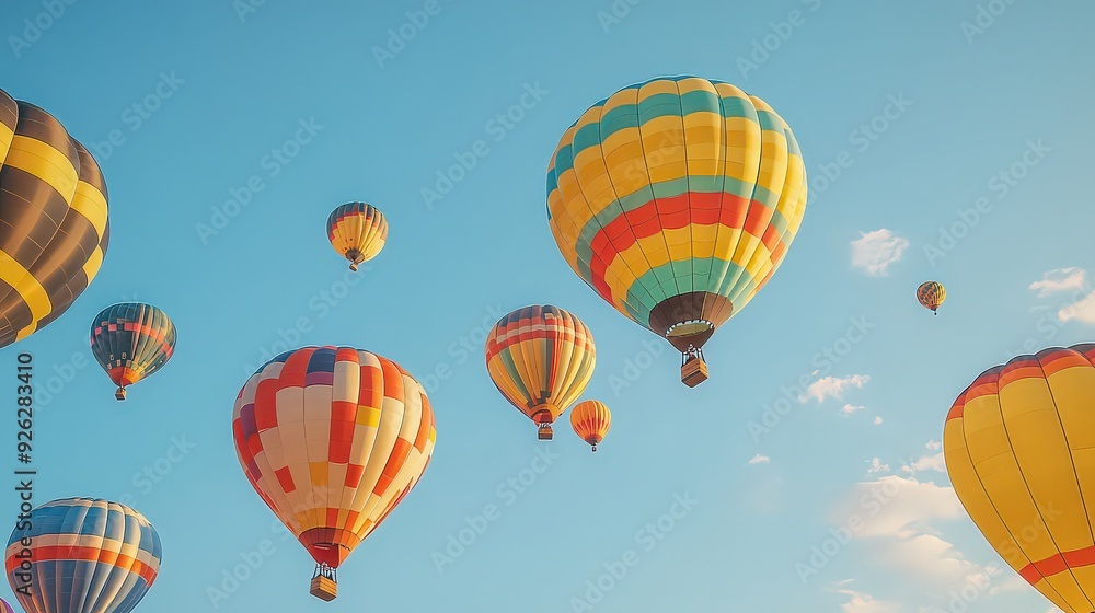 A vibrant collection of hot air balloons floating gracefully in a clear blue sky. A vibrant collection of hot air balloons floating gracefully in a clear blue sky.