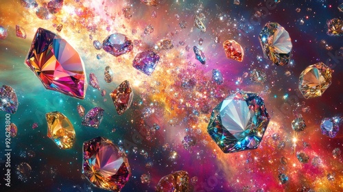 Vivid 3D abstract art with vibrant diamonds and jewels swirling in the Milky Way on a paradise background, filled with colorful energy