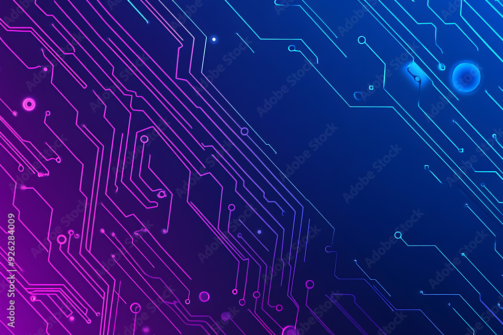 Futuristic vector illustration of an abstract circuit board with neon blue and purple gradients, showcasing intricate digital patterns and tech elements