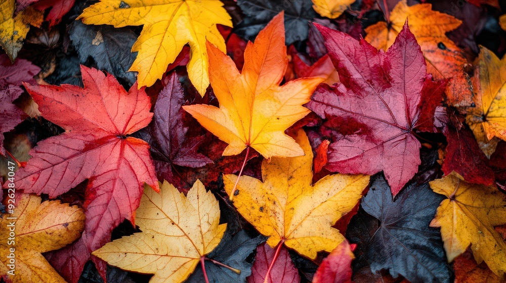 Vibrant autumn leaves in shades of red, orange, and yellow covering the ground in a forest. Vibrant autumn leaves in shades of red, orange, and yellow covering the ground in a forest.