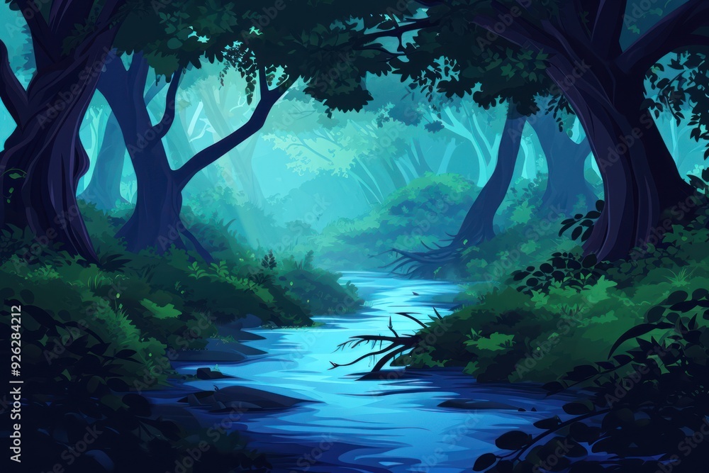 Fototapeta premium River in deep forest landscape outdoors woodland.