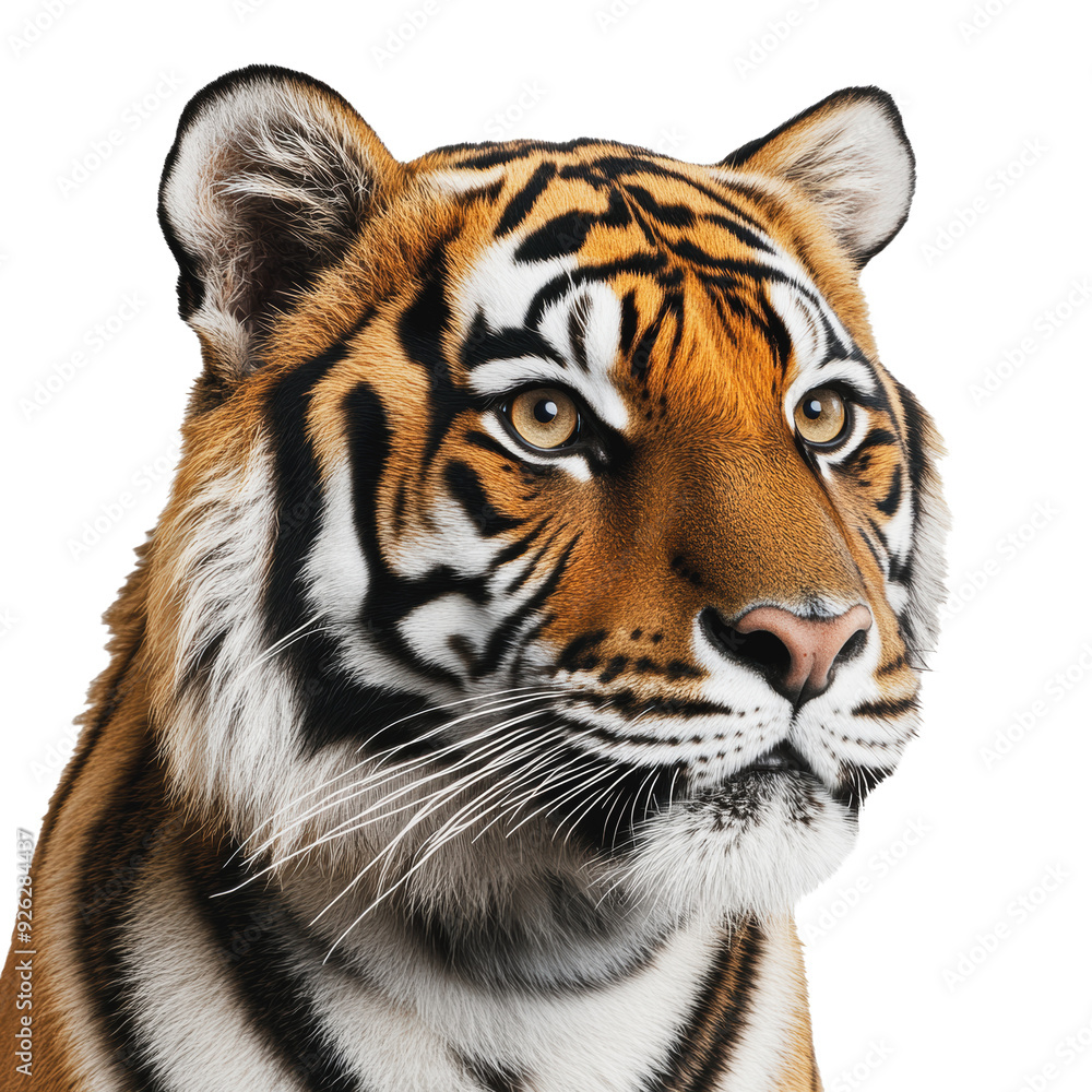 Fototapeta premium PNG A close-up of a majestic tiger displaying its striking features against a plain background