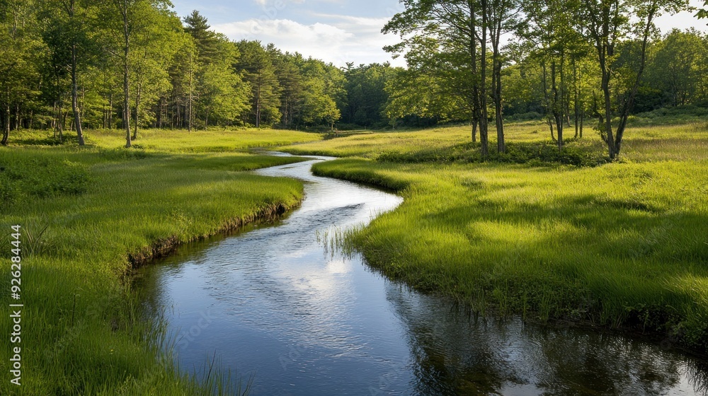 A Winding Creek Through A Lush Green Forest A Winding Creek Through A Lush Green Forest