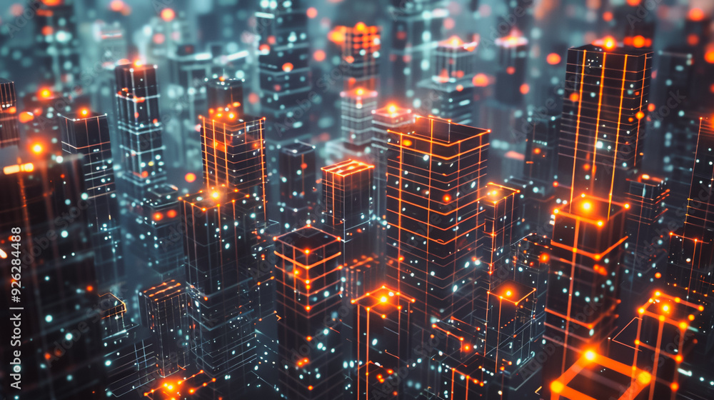 Fototapeta premium Smart digital Innovation city with connection network reciprocity over the cityscape. of future smart wireless digital city and social media networking systems that connects people with in city